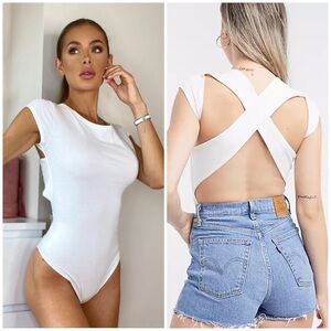 Outrageous Fortune White Cream Cross Back Bodysuit Strappy T-shirt Top
